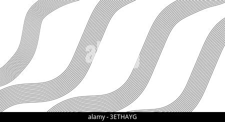 Black and white graphic with rhythmic curved stripes, clean contemporary aesthetic, simple linear flow, flowing ribbon elements, elegant monochrome te Stock Vector