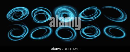 Glowing blue neon light swirls with radiant effects create dynamic circular motion on dark background, perfect for tech designs and abstract digital Stock Vector