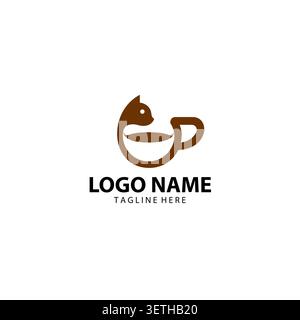 Cute cat and coffee cup silhouette logo design Stock Vector