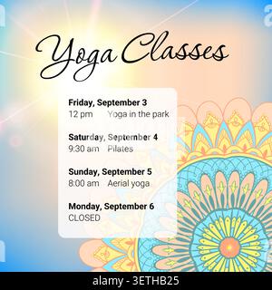 Yoga classes schedule with mandala background Stock Vector