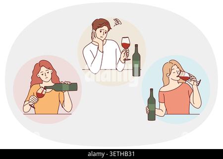 Problem of drinking alcohol beverages alone, in men and women who drink red wine. People with bottle and wineglass suffer from alcohol addiction and lack of friends to spend time together Stock Vector