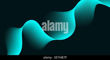 Elegant teal gradient wave design features fluid motion across black canvas. Digital art composition with luminous turquoise ribbons and organic shape Stock Vector