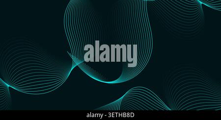 Abstract linear pattern flowing across magenta surface. Minimalist digital artwork featuring intersecting cyan curves for stylish branding and social Stock Vector