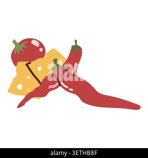 Cartoon chili pepper, tomato and cheese. Flat vector illustration. Stock Vector
