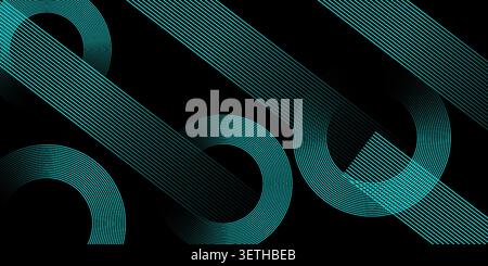 Contemporary abstract background composed of flowing lines creating geometric shapes in vibrant cyan against a black canvas. Modern, artistic, and ver Stock Vector