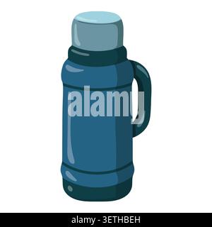 Blue thermos bottle with handle. Cartoon vector illustration on white background Stock Vector
