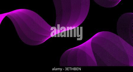Abstract design featuring smooth, flowing purple wavy lines against a black backdrop, representing movement and digital art. Stock Vector