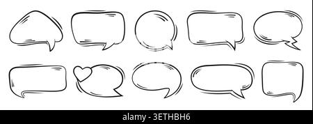 Comic speech bubble collection. Blank cartoon text boxes, line dialog clouds, doodle chat balloons. Pop art frames for sticker, logo, tag and communication banner. Vector set Stock Vector