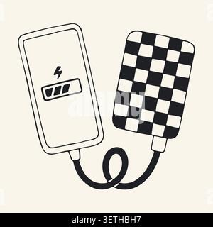 Hand drawn vector smartphone charging from a checkered power bank. Cute black and white doodle of a mobile phone with battery indicator and portable Stock Vector