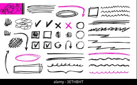 Hand drawn scribble marks set, squiggly lines, arrows, sketchy hearts. Sketch brush strokes, doodles, frames, underlines crayon, marker, punk style texture elements. Grunge illustration line pack Stock Vector