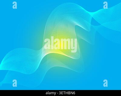 Dynamic composition featuring vibrant blue gradient with glowing yellow center, ethereal white wave lines creating movement, modern digital graphic ar Stock Vector