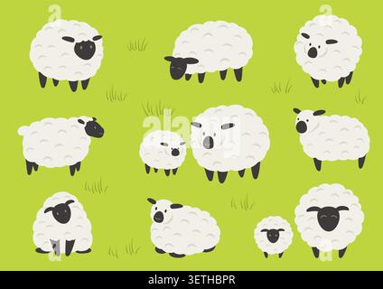 Cute Cartoonish Sheep Vector Illustration Set. The Year Of The Sheep Zodiac Mascot Collection. Stock Vector