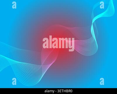Elegant colorful wave motion on bright blue backdrop, glowing red central light source, thin wavy lines creating fluid movement, artistic abstract com Stock Vector