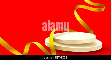 Vibrant red background with elegant 3D podium and golden ribbon. Ideal for product display or festive promotions. Vector illustration Stock Vector