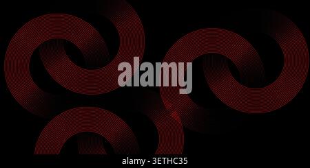 Macro perspective of red glowing rings on black background. Intricate details of thin curved lines creating depth and movement. High contrast digital Stock Vector