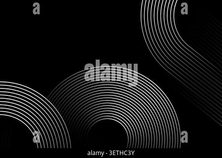 Stylish black background adorned with elegant white concentric arcs, forming a sophisticated abstract pattern. This modern design provides a clean and Stock Vector