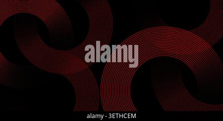 Elegant dark background with swirling red lines creating abstract circular patterns and subtle shadows, offering a sophisticated and dynamic visual. Stock Vector