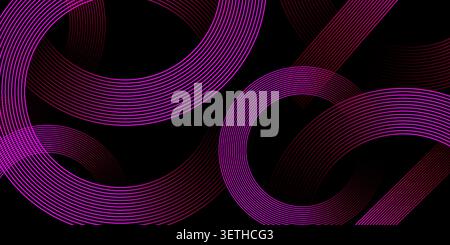 Intricate abstract design featuring intertwined purple circles and diagonal lines creating a complex visual on deep black background. Stock Vector