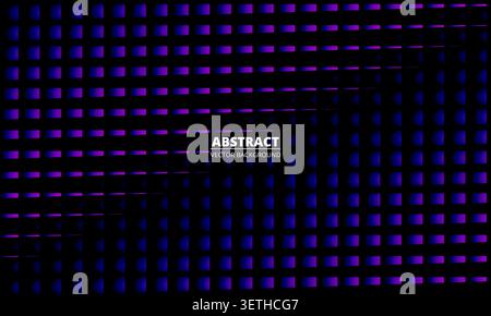 Dark abstract composition with a repeating grid of glowing purple and blue rectangular lights on a black background, creating a futuristic digital Stock Vector
