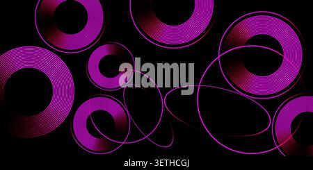 Abstract background with multiple glowing purple gradient line circles and concentric ring patterns on a dark backdrop, creating a captivating and dyn Stock Vector