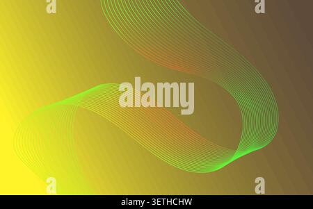 Smooth digital wave design featuring flowing thin green lines. Elegant minimalist composition with warm transition from bright yellow to deep brown. V Stock Vector