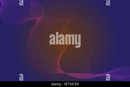 Intertwining wavy lines in purple and orange hues create an abstract pattern on dark backdrop. Modern design. Stock Vector