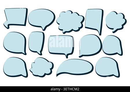 Blue Speech bubbles with black shadow in cartoon doodle style. Cloud textbox hand drawn elements set. Set of blue text comment box for comic dialogues Stock Vector
