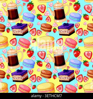 Vector illustration of desserts and coffee on a checkered blue and yellow background. Stock Vector