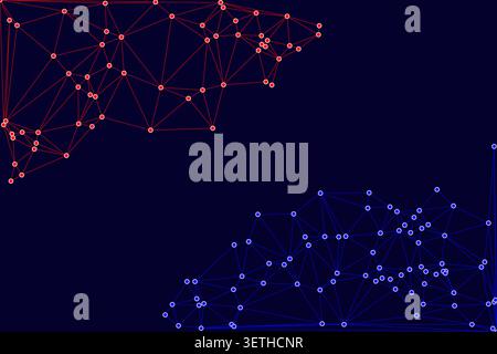 Abstract visualization featuring red and blue interconnected lines and dots on a dark background, representing digital data, network connections, and Stock Vector