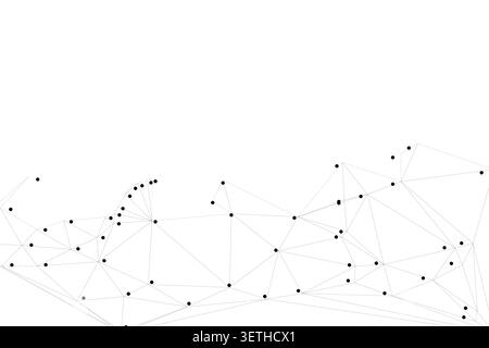 Clean technical illustration of a molecular or data network. Sharp black dots connected by light grey geometric lines creating a sophisticated minimal Stock Vector