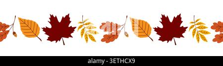 Seamless border pattern with fallen leaves in a row for contour design, maple, American beech, oak, hickory, American autumn leaves. Vector illustrati Stock Vector