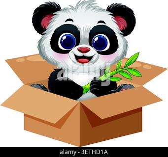 Adorable cartoon giant panda cub sits inside an open cardboard box holding a bamboo stalk. Stock Vector