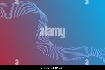 Abstract gradient background transitioning from tranquil blue to warm red, adorned with graceful light blue flowing wave lines. Design creates a harmo Stock Vector