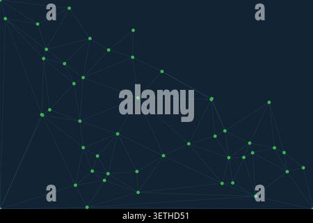 Abstract digital art with green dots forming a network structure on dark blue background. Geometric lines connect points in a dynamic, tech-inspired p Stock Vector