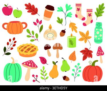Collection of cozy autumn elements. Hand-drawn, flat style. Vector illustration isolated on a white background. Stock Vector