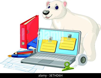 A friendly polar bear stands behind a laptop, binders, and stationery in vector illustration style Stock Vector