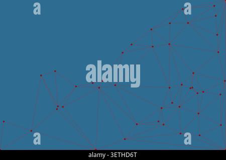 Abstract network of red dots and connecting lines against a deep blue background, forming a geometric pattern with an upward diagonal flow, representi Stock Vector