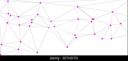 Vivid pink circles connected by dark grey lines on white backdrop creating dynamic network pattern of triangles and interconnected points for modern g Stock Vector