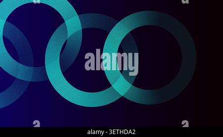 Abstract arrangement of circular rings in blue and turquoise gradient. Soft glowing effect on dark navy background, creating a sense of depth and myst Stock Vector