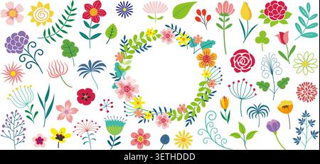 Floral Frame And Elements Vector Illustration Set Isolated On A White Background. Stock Vector