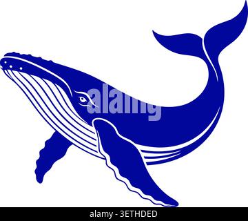 Flat illustration of a blue humpback whale swimming in side view with detailed fins and body lines Stock Vector