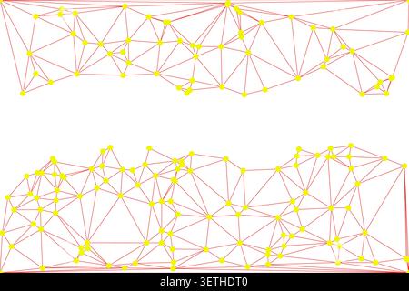 Horizontal digital banner featuring upper and lower decorative sections of red lines and yellow circular nodes creating intricate triangular patterns Stock Vector