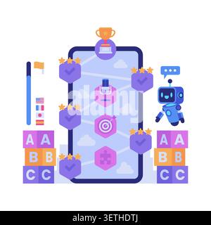 Language Learning App with AI Robot and Gamified Path. AI Language Learning App Concept Stock Vector