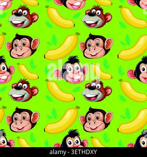 Repeating flat vector illustration of happy primate heads and fruit on a green background. Stock Vector