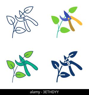 Plant pruning icon set. Branch trimming with pruning shears. Vector illustration Stock Vector