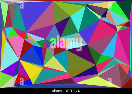 Digital abstract art featuring a dynamic mosaic of triangles and polygons, bright color spectrum, modern geometric composition, creative background Stock Vector
