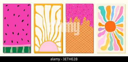 Cute summer groovy set with watermelon, sun, melting ice cream on waffle cone vector background, holiday boho wallpaper, flyer, brochure or menu backg Stock Vector