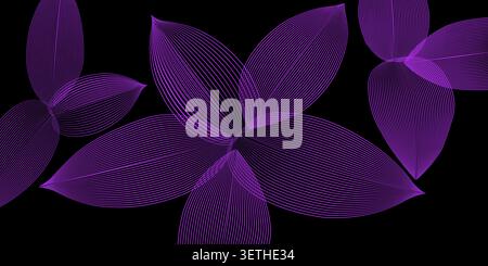 Abstract neon purple line art leaves on dark background Stock Vector