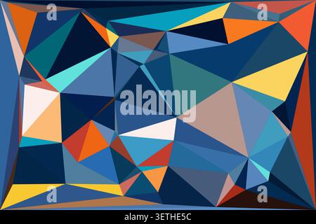 Vibrant low poly abstract background, geometric design with multiple triangular shapes, striking blue, yellow, and orange color palette, contemporary Stock Vector