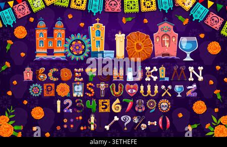 Mexican Day of the Dead holiday font typeface, Dia de los Muertos type letters and numbers. Vector typography font alphabet of cartoon Day of the Dead Catrina skulls, marigold flowers, ofrenda letters Stock Vector